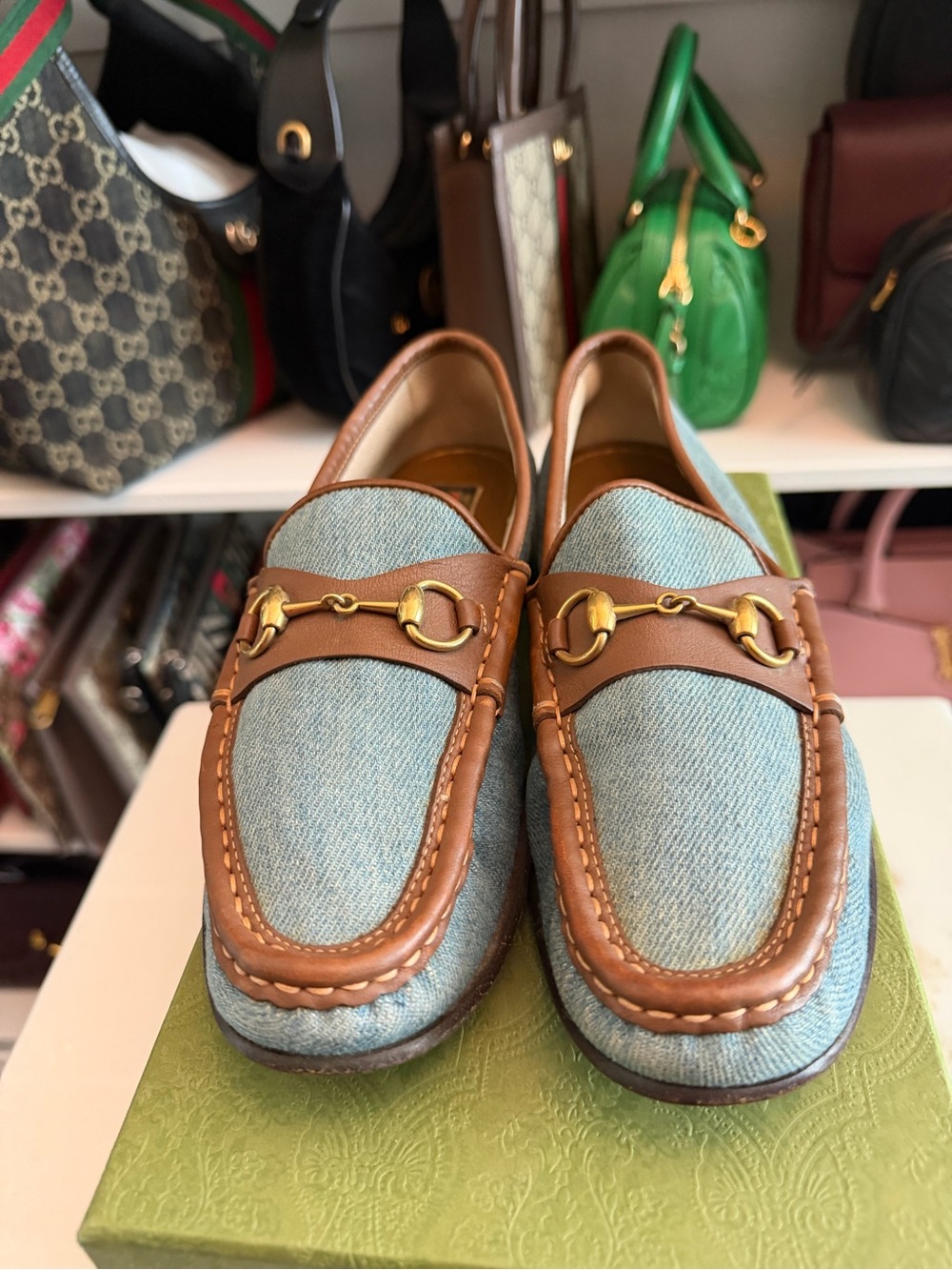 Gucci Denim & Brown Leather Horsebit Loafers - Picture 2 of 7